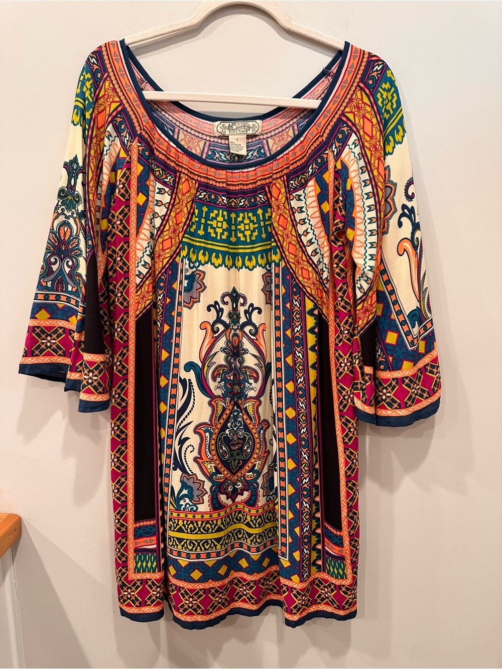 Boho Printed Scoop Neck Tunic Top - Mini Dress Multicolor Hippie Sz L - Picture 9 of 9